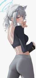Rule 34 | 1girl, absurdres, alternate costume, animal ear fluff, animal ears, ass, black shirt, blue archive, blue eyes, blue halo, blush, breasts, cowboy shot, cross hair ornament, extra ears, from behind, grey hair, grey pants, hair ornament, halo, highres, holding, large breasts, leviathan (hikinito0902), long sleeves, looking at viewer, looking back, medium hair, pants, parted lips, shiroko (blue archive), shirt, sideways glance, simple background, solo, thumb to mouth, tight clothes, tight pants, tumbler, white background, wolf ears, yoga pants