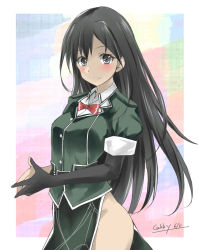 Rule 34 | 1girl, black eyes, black gloves, black hair, bow, bowtie, breasts, chikuma (kancolle), chikuma kai ni (kancolle), commentary request, elbow gloves, gakky, gloves, green shirt, kantai collection, large breasts, long hair, looking at viewer, one-hour drawing challenge, pelvic curtain, puffy short sleeves, puffy sleeves, red bow, red bowtie, shirt, short sleeves, single glove, solo