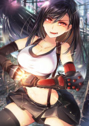 Rule 34 | 1girl, abs, arm guards, black gloves, black skirt, black thighhighs, breasts, cleavage, clenched hands, cluseller, collarbone, earrings, elbow gloves, eyes visible through hair, final fantasy, final fantasy vii, final fantasy vii remake, fingerless gloves, gloves, highres, jewelry, large breasts, lens flare, long hair, looking at viewer, low-tied long hair, midriff, miniskirt, open mouth, own hands together, shirt, skirt, smile, solo, sparks, suspender skirt, suspenders, tank top, taut clothes, taut shirt, thighhighs, tifa lockhart, toned