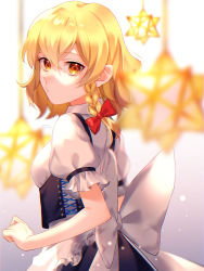 Rule 34 | 1girl, apron, artist name, blonde hair, bow, braid, dodecahedron, hair bow, highres, jill 07km, kirisame marisa, large bow, looking back, o3o, ornament, polyhedron, short sleeves, single braid, small stellated dodecahedron, solo, star-shaped pupils, star (symbol), symbol-shaped pupils, touhou, upper body, waist apron, waist bow, yellow eyes