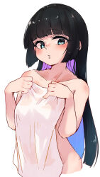 Rule 34 | 1girl, absurdres, aqua eyes, black hair, blunt bangs, bocchi the rock!, colored inner hair, covering privates, cropped legs, head tilt, highres, hime cut, holding, holding towel, lip piercing, long hair, looking at viewer, megateru, multicolored hair, naked towel, nude cover, pa-san, piercing, purple hair, simple background, solo, towel, two-tone hair, white background