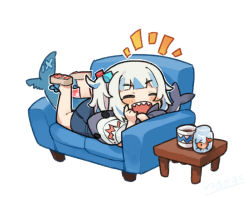 Rule 34 | 1girl, :d, ^ ^, blue dress, blue hair, blush, brown footwear, chibi, closed eyes, commentary request, couch, cube hair ornament, cup, dress, fins, fish tail, gawr gura, hair ornament, hololive, hololive english, itsuki tasuku, legs up, lying, mug, multicolored hair, notice lines, on couch, on stomach, open mouth, revision, sandals, shark tail, sharp teeth, shoe soles, shrimp, side ponytail, simple background, smile, solo, streaked hair, stuffed animal, stuffed shark, stuffed toy, tail, teeth, virtual youtuber, white background, white hair