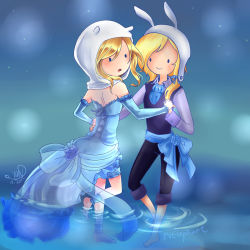 Rule 34 | 1boy, 1girl, adventure time, androgynous, barefoot, blonde hair, bow, crossdressing, dress, finn the human, fionna campbell, hat, highres, water