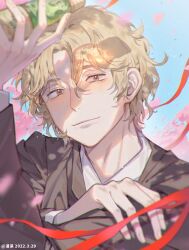 Rule 34 | 1boy, black suit, blonde hair, blue sky, bottle, brown eyes, cherry blossoms, day, fish191101756, formal, highres, holding, holding bottle, looking at viewer, male focus, miyasumi tatsuru, outdoors, parted bangs, petals, ramune, red ribbon, ribbon, ryman&#039;s club, shadow, short hair, sky, solo, suit, upper body