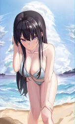 Rule 34 | 1girl, absurdres, beach, bent over, bikini, black hair, blue bikini, blue sky, breasts, cleavage, closed mouth, cloud, commentary request, cowboy shot, day, dos (ehgns007kr), hand on own knee, highres, large breasts, long hair, looking at viewer, ocean, original, purple eyes, sand, sky, smile, solo, standing, swimsuit, water, wet, wet clothes, wet swimsuit