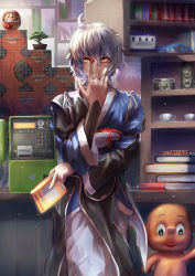 Rule 34 | 1boy, absurdres, adjusting eyewear, ahoge, arm up, artist name, asllapistone, bonsai, book, book stack, bookshelf, camera, chest of drawers, commentary, cup, daruma doll, day, expressionless, hand on own face, highres, holding, holding book, indoors, japanese clothes, leaning on object, light particles, looking at viewer, male focus, morichika rinnosuke, payphone, phone, saucer, semi-rimless eyewear, shelf, silver hair, single-lens reflex camera, solo, standing, teacup, touhou, twin-lens reflex camera, under-rim eyewear, yellow eyes