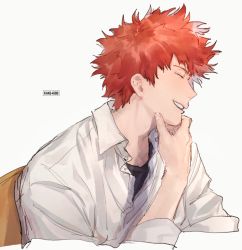 Rule 34 | 1boy, collared shirt, cropped arms, closed eyes, from side, gkrk89, highres, laughing, male focus, mizukami satoshi (world trigger), orange hair, shirt, simple background, sketch, solo, spiked hair, upper body, white background, white shirt, world trigger