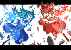 Rule 34 | 2girls, arms up, ascot, battle, black footwear, blue skirt, bow, commentary request, debris, detached sleeves, eye contact, flaming hand, frilled skirt, frills, frog hair ornament, gohei, green eyes, green hair, hair blowing, hair bow, hair ornament, hair tubes, hakurei reimu, inuno rakugaki, kochiya sanae, letterboxed, limited palette, loafers, long hair, looking at another, multiple girls, oonusa, open mouth, ponytail, red eyes, red footwear, red hair, ribbon-trimmed sleeves, ribbon trim, sandals, serious, shirt, shoes, short hair, simple background, skirt, snake hair ornament, touhou, very long hair, white background, white legwear, white shirt, yellow ascot