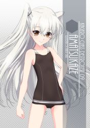 Rule 34 | 1girl, adapted costume, alternate color school swimsuit, amatsukaze (kancolle), artist name, black one-piece swimsuit, brown eyes, brown one-piece swimsuit, character name, checkered background, collarbone, commentary request, cowboy shot, eyes visible through hair, flat chest, gradient background, grey background, hair between eyes, hand on own hip, highres, inaba shiki, kantai collection, long hair, looking at viewer, multicolored clothes, multicolored swimsuit, old school swimsuit, one-hour drawing challenge, one-piece swimsuit, school swimsuit, silver hair, simple background, smile, solo, swimsuit, two side up
