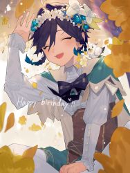 Rule 34 | 1boy, amatya, androgynous, animal, animal on shoulder, artist name, bird, bird on shoulder, black hair, blue hair, blush, bow, braid, brooch, cape, closed eyes, collared cape, collared shirt, commentary request, corset, crossed legs, english text, falling leaves, flower, frilled sleeves, frills, gem, genshin impact, gradient hair, green cape, green shorts, hair flower, hair ornament, happy birthday, highres, jewelry, leaf, long sleeves, male focus, multicolored hair, open mouth, pantyhose, shirt, short hair with long locks, shorts, side braids, sidelocks, sitting, smile, solo, twin braids, venti (genshin impact), white flower, white pantyhose, white shirt, wreath