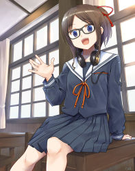 Rule 34 | 1girl, :d, arm support, black-framed eyewear, black serafuku, black shirt, black skirt, blue eyes, brown hair, commentary request, curtains, day, feet out of frame, glasses, hand up, headphones, headphones around neck, indoors, long sleeves, looking at viewer, neck ribbon, okiru, open mouth, original, parted bangs, pleated skirt, ponytail, red ribbon, ribbon, sailor collar, school uniform, serafuku, shirt, sitting, skirt, sleeves past wrists, smile, solo, white sailor collar, window