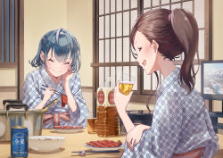 Rule 34 | 2girls, absurdres, alcohol, beer, beer can, blue hair, blush, bottomless, brown hair, can, chopstick rest, chopsticks, closed eyes, closed mouth, commentary request, cup, drink, drink can, drinking glass, food, highres, holding, holding chopsticks, holding drink, iced tea, indoors, japanese clothes, kimono, long hair, meat, michinoku (hiking miusan18), multiple girls, obi, original, plate, ponytail, print kimono, sash, shouji, sliding doors, smile, television, white kimono, yukata
