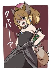 Rule 34 | 1girl, absurdres, aged down, blonde hair, blue eyes, bowsette, bracelet, brown background, crown, dress, earrings, fangs, hands on own hips, highres, horns, jewelry, lizard tail, mario (series), nintendo, shaded face, smug, solo, spiked shell, super crown, tail