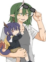 Rule 34 | 2girls, adjusting eyewear, aged down, arknights, bandaid, bandaid on arm, black shirt, bright pupils, carrying, carrying person, ch&#039;en (arknights), child, chinese commentary, closed mouth, commentary request, dragon horns, dragon tail, green hair, grey shirt, hand up, highres, horns, hoshiguma (arknights), long hair, looking at viewer, multiple girls, pointy ears, red eyes, shirt, shirt grab, short sleeves, simple background, single horn, sunglasses, tail, undershirt, white background, white pupils, white shirt, yanlingjinshilihuahua, yellow eyes