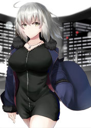 Rule 34 | 1girl, ahoge, black dress, blue jacket, breasts, coat, commentary request, dress, fate/grand order, fate (series), full-length zipper, fur-trimmed coat, fur-trimmed jacket, fur-trimmed sleeves, fur collar, fur trim, highres, jacket, jeanne d&#039;arc (fate), jeanne d&#039;arc alter (fate), jeanne d&#039;arc alter (ver. shinjuku 1999) (fate), jewelry, large breasts, looking at viewer, necklace, ninoude (ninoude44), official alternate costume, open clothes, open coat, open jacket, short dress, silver hair, wicked dragon witch ver. shinjuku 1999, yellow eyes, zipper