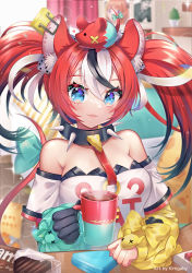 Rule 34 | 1girl, :3, absurdres, animal ear fluff, animal ears, artist name, asymmetrical sleeves, bare shoulders, blue eyes, blurry, blurry background, cheese, chocolate, coffee mug, collar, commentary, cup, detached sleeves, dice, dice hair ornament, english text, food, gloves, hair ornament, hakos baelz, highres, hololive, hololive english, kimgaby, looking at viewer, mismatched sleeves, mouse ears, mouse girl, mousetrap, mr. squeaks (hakos baelz), mug, multicolored hair, red hair, single glove, smile, solo, spiked collar, spikes, streaked hair, twintails, virtual youtuber, yagoo
