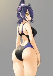 Rule 34 | 1girl, ass, breasts, competition swimsuit, from behind, glowing, grey background, hair over one eye, kantai collection, looking back, one-piece swimsuit, purple hair, seramikku, short hair, simple background, solo, swimsuit, tenryuu (kancolle), thick thighs, thighs, wide hips, yellow eyes