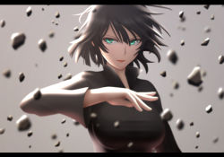 Rule 34 | 1girl, arm up, black dress, black hair, breasts, dress, female focus, fubuki (one-punch man), green eyes, large breasts, letterboxed, looking at viewer, one-punch man, rubble, short hair, siraha, solo
