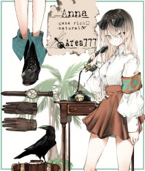 Rule 34 | 1girl, antique phone, bird, bird request, black footwear, blonde hair, brown gloves, brown skirt, buttons, character name, character profile, character sheet, collared shirt, cross-laced footwear, crow, gloves, unworn gloves, gradient hair, green eyes, high-waist skirt, highres, holding, holding phone, long hair, long sleeves, looking at viewer, luggage, multicolored hair, multiple views, narue, nightstand, original, palm tree, phone, puffy long sleeves, puffy sleeves, rotary phone, safety pin, shirt, sidelocks, skirt, straight hair, tree, watch, white shirt, wristwatch