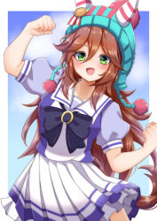 Rule 34 | absurdres, animal ears, beanie, blush, breasts, clenched hands, green eyes, hair between eyes, hair ornament, hat, highres, horse ears, horse girl, horse tail, looking at viewer, mizunoawa zz, pom pom (clothes), pom pom beanie, ribbon, samson big (umamusume), school uniform, sky, small breasts, tail, tracen school uniform, umamusume