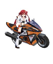 Rule 34 | 1girl, :d, black bra, bra, braid, breasts, clenched hand, cropped jacket, full body, hair between eyes, hand up, highres, jacket, long hair, micro shorts, midriff, navel, neptune (series), official art, on motorcycle, open clothes, open jacket, open mouth, orange eyes, promotional art, red eyes, red hair, riding, shorts, small breasts, smile, solo, standing, straddling, suspender shorts, suspenders, tennouboshi uzume, thighhighs, transparent background, twin braids, underwear, very long hair, white jacket, white shorts