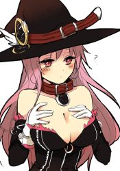 Rule 34 | 1girl, alternate breast size, bad id, bad pixiv id, bare shoulders, blush, breasts, cleavage, collar, detached sleeves, female focus, gloves, hat, kaku-san-sei million arthur, large breasts, long hair, million arthur (series), nimue (million arthur), pink hair, red eyes, silltare, solo, witch hat