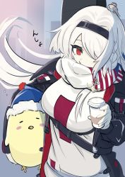 Rule 34 | 1girl, anchor ornament, animal, animal on head, azur lane, bird, bird on head, black jacket, breasts, city, colorado (azur lane), colorado (traveling melody) (azur lane), commentary, cup, disposable cup, eagle union (emblem), guitar case, hair intakes, hair over one eye, hairband, highres, instrument case, jacket, large breasts, long hair, lying, manjuu (azur lane), official alternate costume, on back, on head, red eyes, scarf, scarf over mouth, sparrow, strap, sweater, swept bangs, white hair, white sweater, yudofu ice