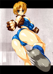 Rule 34 | 1girl, ass, blonde hair, blue eyes, breasts, cameltoe, capcom, cleavage, cleft of venus, final fight, final fight 3, gloves, jacket, kicking, looking back, lucia morgan, short hair, short shorts, shorts, smash daisaku, solo, street fighter, vest