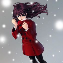 Rule 34 | 1girl, black pantyhose, blue eyes, breath, brown hair, buttons, coat, double-breasted, jpeg artifacts, kunishige keiichi, long hair, looking at viewer, non-web source, pantyhose, red coat, red hair, snowing, solo, standing, wind, winter