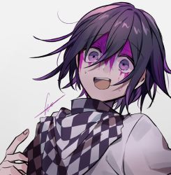 Rule 34 | 1boy, :d, black hair, blood, blood on face, checkered background, checkered clothes, checkered neckwear, checkered scarf, commentary request, danganronpa (series), danganronpa v3: killing harmony, grey background, grey jacket, hair between eyes, hand up, highres, huyuharu0214, jacket, looking at viewer, male focus, open mouth, oma kokichi, pink blood, purple eyes, purple hair, scarf, signature, simple background, smile, solo, teeth, upper body, upper teeth only