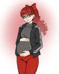 Rule 34 | 1girl, belly rub, black jacket, bow, female focus, glasses, highres, jacket, matching hair/eyes, pants, persona, persona 5, pregnant, red eyes, red hair, red pants, ribbon, smile, solo, striped clothes, striped jacket, track jacket, turtleneck, yoshizawa sumire