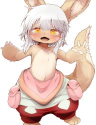 Rule 34 | 1other, animal ears, blush, body fur, dagashi (daga2626), fangs, full body, furry, highres, looking at viewer, made in abyss, nanachi (made in abyss), open mouth, short hair, simple background, smile, solo, standing, tail, whiskers, white background, white hair, yellow eyes