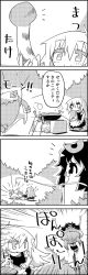 Rule 34 | 4koma, :x, apron, arms up, bending backward, bow, bush, comic, commentary request, cooking, emphasis lines, fire, futatsuiwa mamizou, glasses, greyscale, hair between eyes, hair bow, highres, holding, jitome, jumping, kirisame marisa, leaf, leaf on head, long hair, long sleeves, monochrome, mushroom, patchouli knowledge, pince-nez, raccoon tail, sitting, skewer, smile, sweat, tail, tani takeshi, touhou, translation request, very long hair, yukkuri shiteitte ne