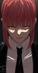 Rule 34 | 1girl, black jacket, black necktie, chainsaw man, collared shirt, dark background, formal, highres, isshiki (ffmania7), jacket, light smile, looking at viewer, makima (chainsaw man), medium hair, necktie, red hair, shaded face, shirt, sidelocks, simple background, solo, suit, upper body, white shirt, yellow eyes