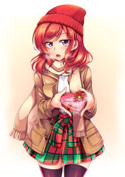 Rule 34 | 10s, 1girl, black theme, black thighhighs, blush, box, breath, checkered clothes, checkered skirt, coat, dress, female focus, gift, gift box, hat, heart, heart-shaped box, heart-shaped pupils, highres, holding, holding box, holding gift, jacket, long hair, long sleeves, looking at viewer, love live!, love live! school idol festival, love live! school idol project, nishikino maki, open mouth, panties, purple eyes, red hair, red hat, scarf, short hair, signature, skirt, solo, symbol-shaped pupils, thighhighs, underwear, valentine, windart