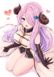 Rule 34 | 1girl, :d, black gloves, blue eyes, blush, braid, breasts, cleavage, commentary request, draph, elbow gloves, gloves, granblue fantasy, hair ornament, hair over one eye, heart, highres, horns, large breasts, lips, long hair, looking at viewer, narmaya (granblue fantasy), open mouth, pointy ears, purple hair, seiza, simple background, sitting, smile, solo, thighs, tomo (tmtm mf mf), very long hair, white background