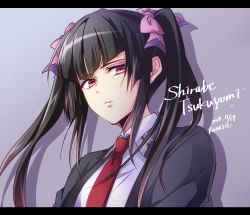 Rule 34 | artist name, black hair, character name, dated, from below, hair ribbon, highres, kiraki, letterboxed, long hair, looking at viewer, necktie, red eyes, ribbon, school uniform, senki zesshou symphogear, simple background, sparkle, star (symbol), tsukuyomi shirabe, twintails, upper body