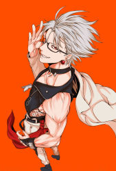 Rule 34 | 1boy, chipp zanuff, earrings, glasses, gloves, guilty gear, highres, iro marimo, jewelry, male focus, red eyes, smirk, solo, white hair