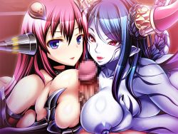 Rule 34 | 1boy, 2girls, between breasts, blue skin, grabbing another&#039;s breast, breasts, censored, claws, colored skin, f.s., game cg, gia, grabbing, horns, large breasts, long hair, mosaic censoring, multiple girls, cooperative paizuri, nail polish, nipples, paizuri, penis, pointy ears, pov, tail, teamwork, violated hero, wings