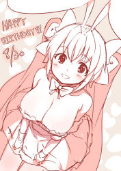 Rule 34 | 1girl, animal ears, blush, bow, bowtie, breasts, rabbit ears, cleavage, dated, di gi charat, dutch angle, happy birthday, huge breasts, leaning forward, looking at viewer, monochrome, pink theme, saiste, sketch, smile, solo, twintails, usada hikaru