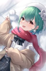 Rule 34 | 1girl, :d, blue hair, blush, bow, bowtie, brown jacket, commentary request, fandead (uruha rushia), fang, green hair, green nails, hair between eyes, hair ornament, hand on own stomach, hat, highres, hololive, jacket, long sleeves, looking at viewer, lying, multicolored hair, nail polish, off shoulder, on back, open clothes, open jacket, open mouth, plaid, plaid bow, plaid bowtie, plaid skirt, pom pom (clothes), pom pom hair ornament, red eyes, red scarf, scarf, shirt, skin fang, skirt, sleeves past wrists, smile, snowman, solo, streaked hair, tsurupy, uruha rushia, uruha rushia (school uniform), virtual youtuber, white hat, white shirt