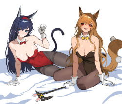 Rule 34 | 2girls, animal ears, arknights, axe, bare shoulders, bed sheet, blaze (arknights), blonde hair, blue eyes, blue hair, blush, bow, breasts, bunny day, ceobe (arknights), collarbone, covered navel, detached collar, eyebrows visible through hat, gloves, hair between eyes, hairband, highres, jason kim, large breasts, leotard, long hair, looking at viewer, lying, multiple girls, on side, pantyhose, paw pose, playboy bunny, red bow, red eyes, sitting, smile, tail, thigh gap, yellow bow
