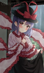 Rule 34 | 1girl, black hat, black skirt, blush, capelet, closed mouth, collared shirt, commission, frilled shirt collar, frills, hat, hat ribbon, highres, long sleeves, looking at viewer, nagae iku, purple hair, rain, red eyes, red ribbon, ribbon, shirt, short hair, skeb commission, skirt, solo, touhou, wheat retzel, white capelet, white shirt