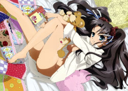Rule 34 | 1girl, absurdres, barefoot, bed, bottomless, dress shirt, fate/stay night, fate (series), highres, lion, long hair, long legs, looking at viewer, lying, naked shirt, no bra, no panties, nude, official art, on back, on bed, open clothes, open mouth, open shirt, pillow, sadakata kikuko, shirt, sleeves rolled up, solo, stuffed animal, stuffed lion, stuffed toy, tohsaka rin, topless, twintails, two side up, white shirt