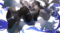 Rule 34 | 1girl, absurdres, animal ears, arknights, belt, belt pouch, black footwear, black hair, black pantyhose, black vest, blue fire, blue gloves, blue necktie, boots, breasts, brown eyes, fingerless gloves, fire, flaming sword, flaming weapon, gloves, highres, incredibly absurdres, katachi noboru nishikino, knee boots, long hair, long sleeves, looking at viewer, medium breasts, midair, necktie, pantyhose, pantyhose under shorts, parted lips, pouch, short shorts, shorts, simple background, solo, tail, texas (arknights), texas the omertosa (arknights), v-shaped eyebrows, very long hair, vest, white background, wolf ears, wolf girl, wolf tail