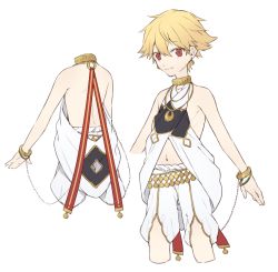 Rule 34 | 1boy, blonde hair, bracelet, child gilgamesh (fate), earrings, fate/grand order, fate (series), gilgamesh (fate), jewelry, kan&#039;yu (citron 82), looking at viewer, male focus, midriff, navel, red eyes, simple background, solo, white background