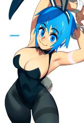 Rule 34 | 1girl, :3, animal ears, april h. pike (brekkist), armpits, arms up, black leotard, blue eyes, blue hair, breasts, brekkist, cleavage, commentary, detached collar, english commentary, fake animal ears, fake tail, grey pantyhose, highres, large breasts, leotard, looking at viewer, original, pantyhose, playboy bunny, rabbit ears, rabbit tail, revision, short hair, sleeveless, solo, tail, thighband pantyhose, twitter username, wrist cuffs
