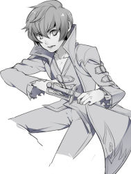Rule 34 | 1boy, asbel lhant, bad id, bad pixiv id, coat, fighting stance, kiragera, male focus, monochrome, pants, ready to draw, scabbard, sheath, solo, tales of (series), tales of graces, white background