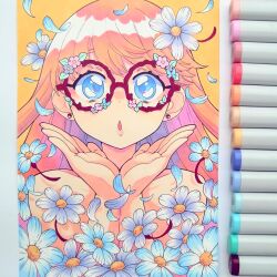 Rule 34 | 1girl, :o, blue eyes, commentary request, earrings, flower, glasses, hair flower, hair ornament, highres, ibi chuan, jewelry, long hair, marker (medium), nude, open mouth, orange background, original, photo (medium), pink hair, round eyewear, solo, spanish commentary, stud earrings, traditional media, upper body