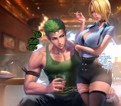 Rule 34 | 1boy, 1girl, ass, black bra, black thighhighs, blonde hair, blue eyes, blush, bra, breasts, buttons, cigarette, collared shirt, drink, earrings, english text, food, genderswap, genderswap (mtf), green hair, hair over one eye, hetero, holding, holding cigarette, holding drink, indoors, jewelry, large breasts, looking to the side, medium hair, muscular, muscular male, necktie, one piece, open mouth, roronoa zoro, sakimichan, sanji (one piece), shirt, short hair, shorts, smoke, speech bubble, sweatdrop, thick thighs, thighhighs, thighs, underwear, veins, zettai ryouiki